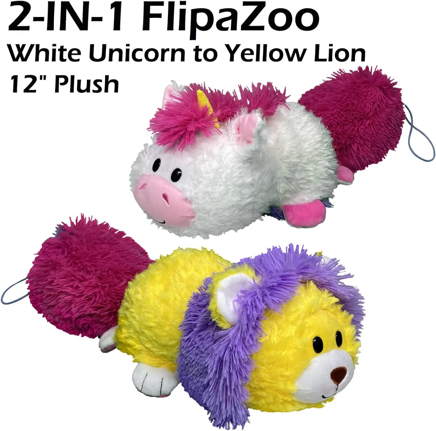 Magic Tails White Unicorn to Yellow Lion - 2-in-1 Animal Plush w/Bonus 3" Baby Org, Stores Items Inside, Flips to Reveal 2nd Character, Kids