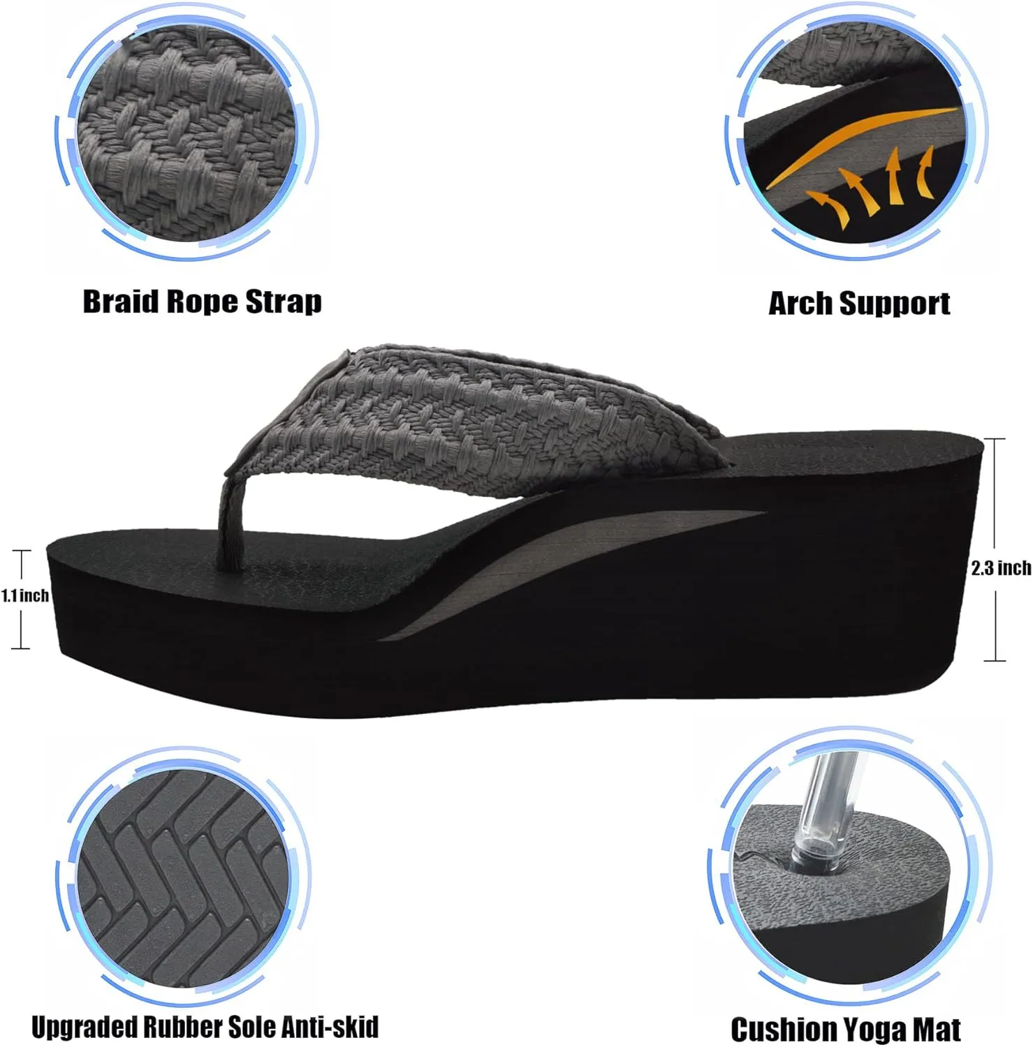 MALIDA Womens Wedge Arch Support Flip Flops Cushion Soft Rubber Midsole Platform Thong Sandals with Rubber Sole