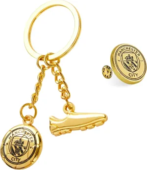 Manchester City F.C. Keyring and Pin Badge Gift Set, Supporters Gear - Man City Gifts