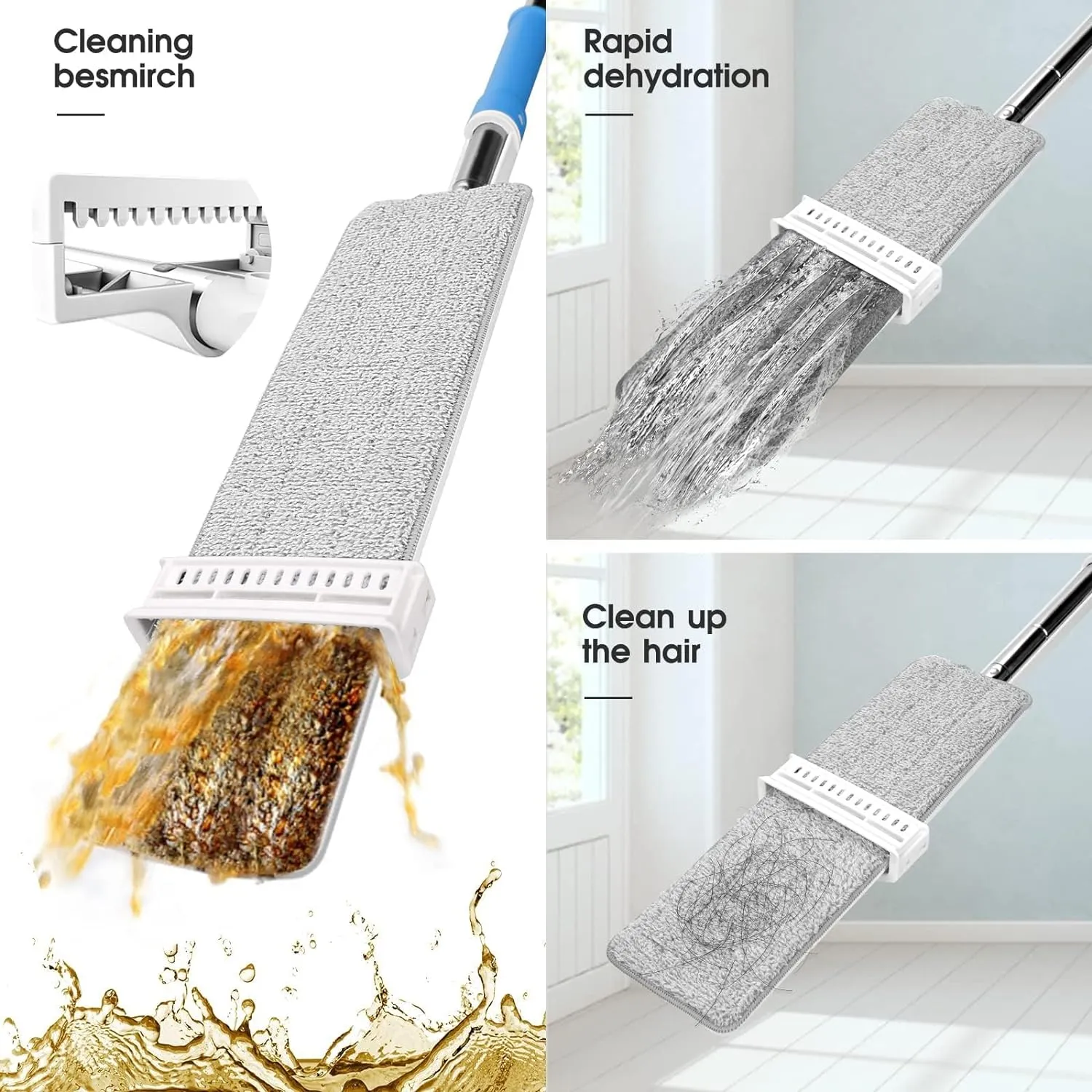 Masthome Self Wringing Flat Mop, Hands-Free Microfiber Floor Mops with 6 Reusable Mop Pads and 1 Scraper, Dust Mops for Hardwood, Laminate, Tile Floor Cleaning