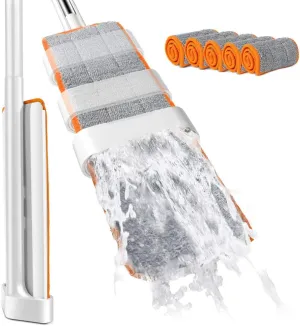 Masthome Self Wringing Flat Mop, Hands-Free Microfiber Floor Mops with 6 Reusable Mop Pads and 1 Scraper, Dust Mops for Hardwood, Laminate, Tile Floor Cleaning