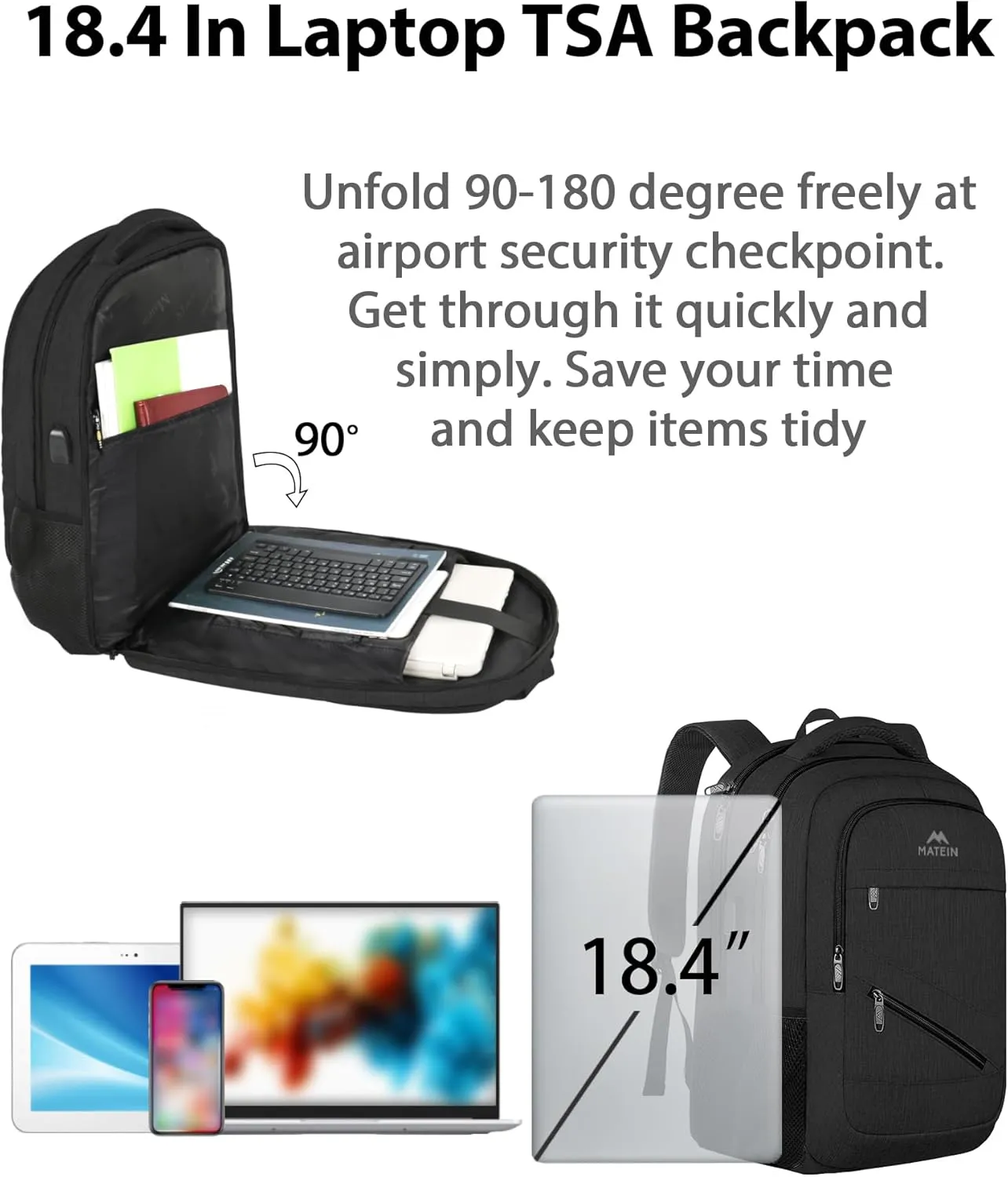 MATEIN 50 L Business Travel Laptop Backpack TSA Approved, 18.4 Inch Anti Theft Carryon Backpack for Men Women, Extra Large Work Bag with USB Port and Luggage Strap, Black
