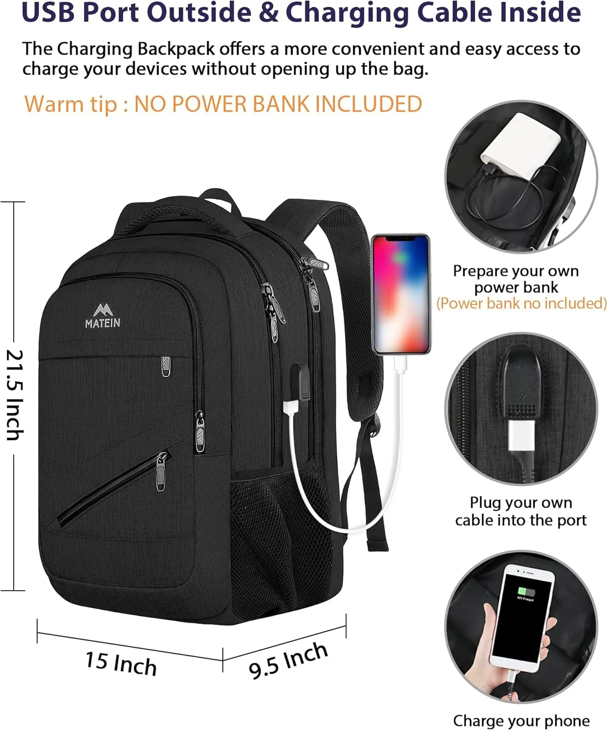 MATEIN 50 L Business Travel Laptop Backpack TSA Approved, 18.4 Inch Anti Theft Carryon Backpack for Men Women, Extra Large Work Bag with USB Port and Luggage Strap, Black