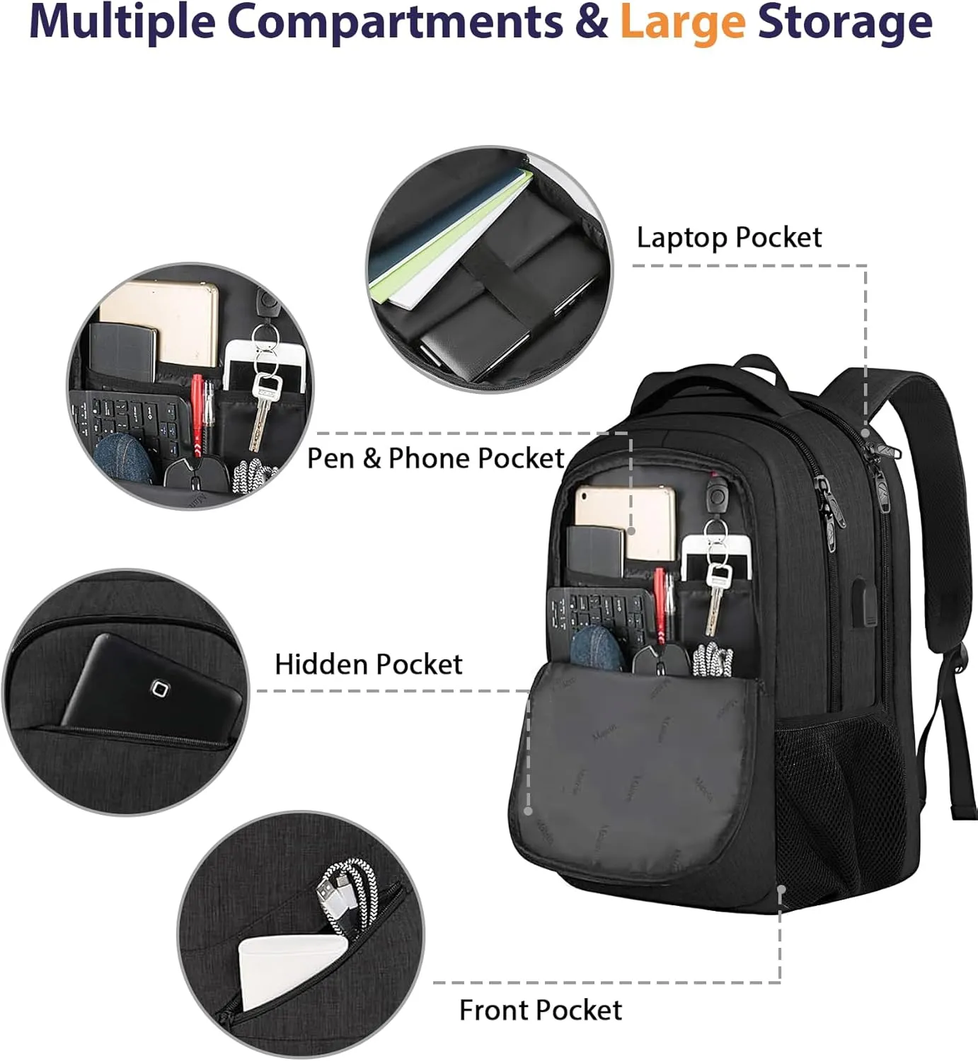 MATEIN 50 L Business Travel Laptop Backpack TSA Approved, 18.4 Inch Anti Theft Carryon Backpack for Men Women, Extra Large Work Bag with USB Port and Luggage Strap, Black