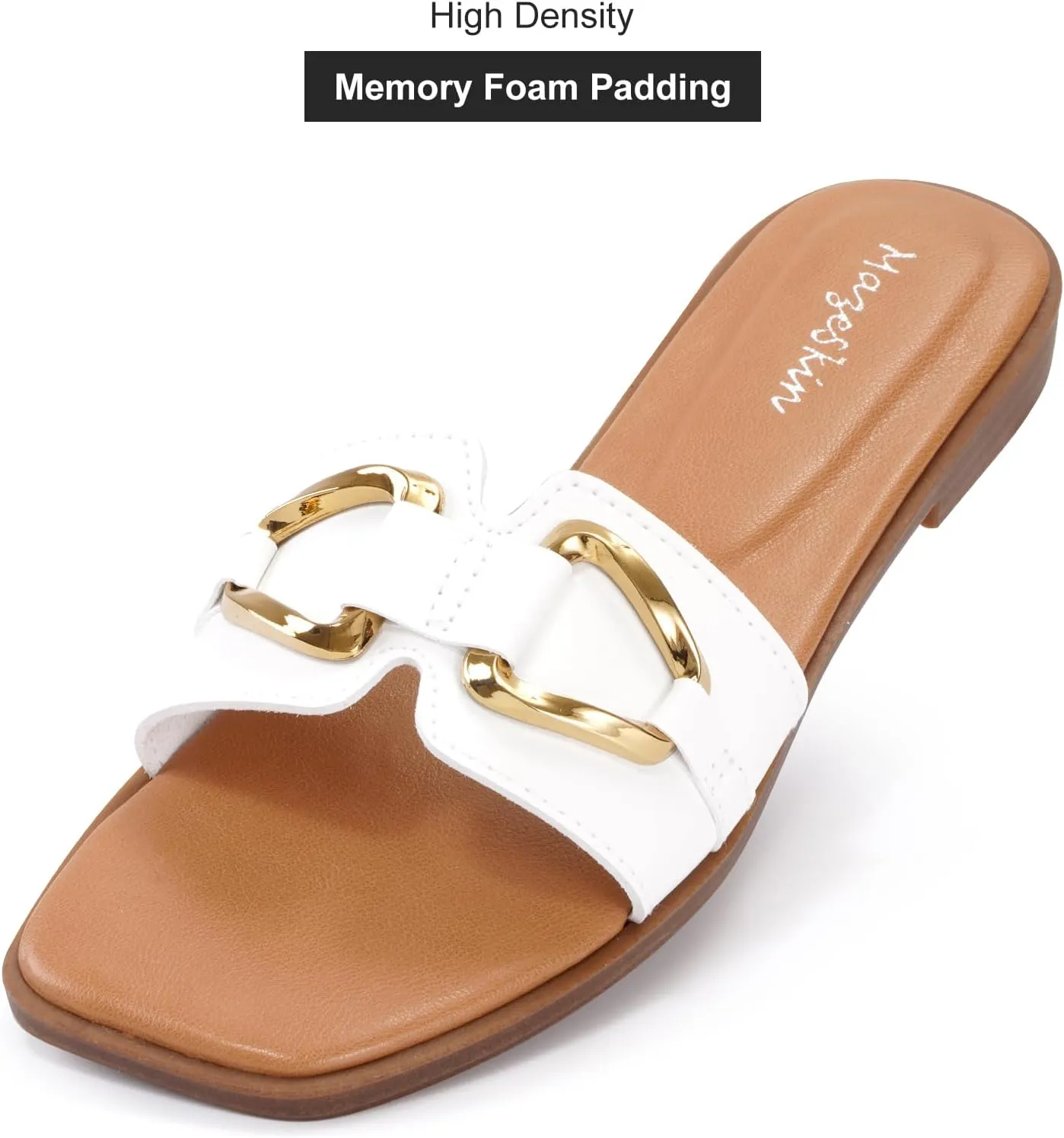 mazeskin Women's Square Open Toe Dressy Slide Sandals Cute Summer Comfortable Flat Slippers with Metal buckle