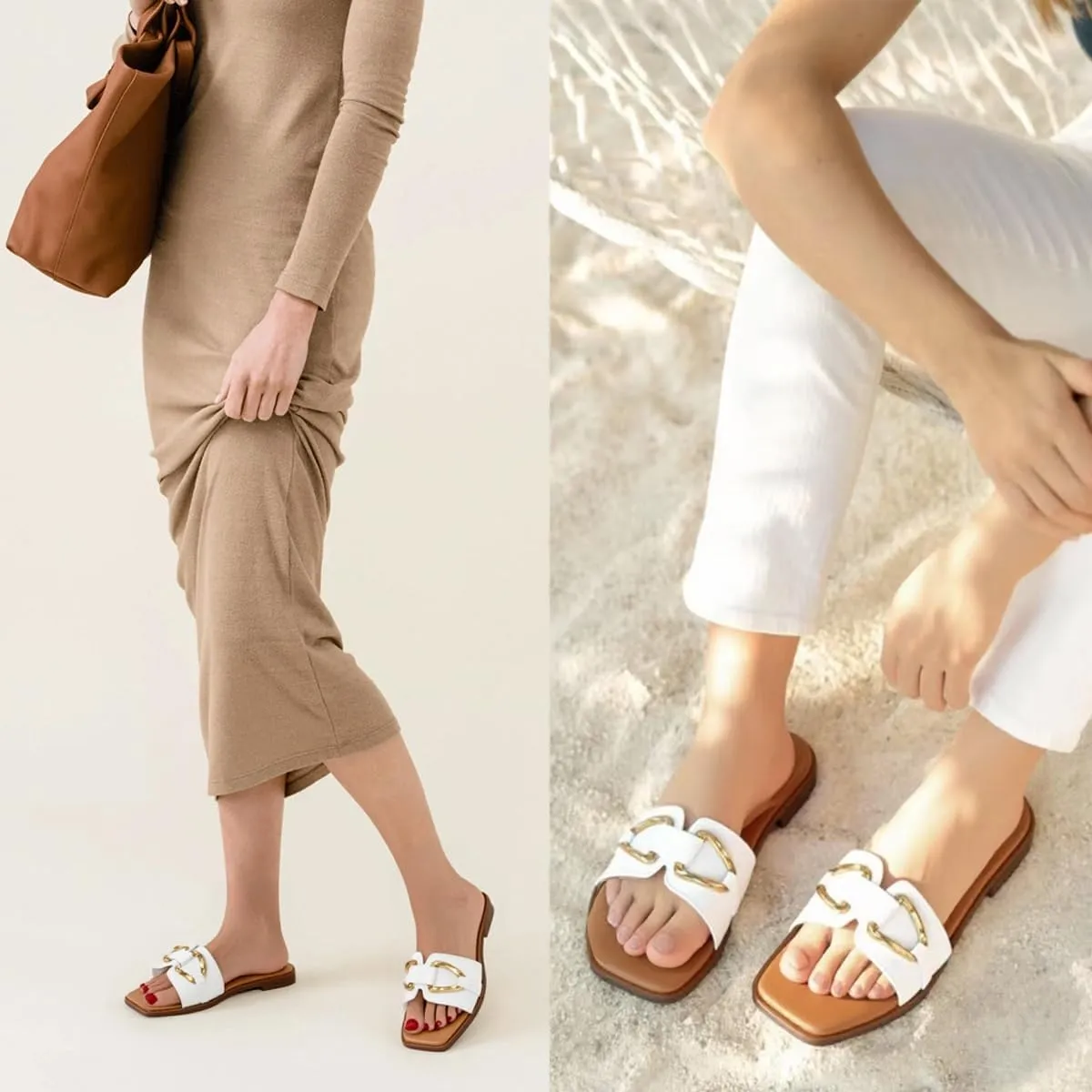 mazeskin Women's Square Open Toe Dressy Slide Sandals Cute Summer Comfortable Flat Slippers with Metal buckle