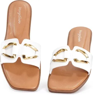 mazeskin Women's Square Open Toe Dressy Slide Sandals Cute Summer Comfortable Flat Slippers with Metal buckle