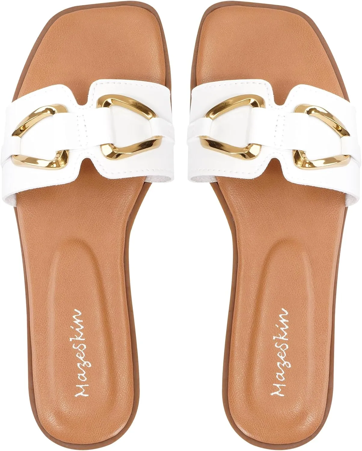mazeskin Women's Square Open Toe Dressy Slide Sandals Cute Summer Comfortable Flat Slippers with Metal buckle