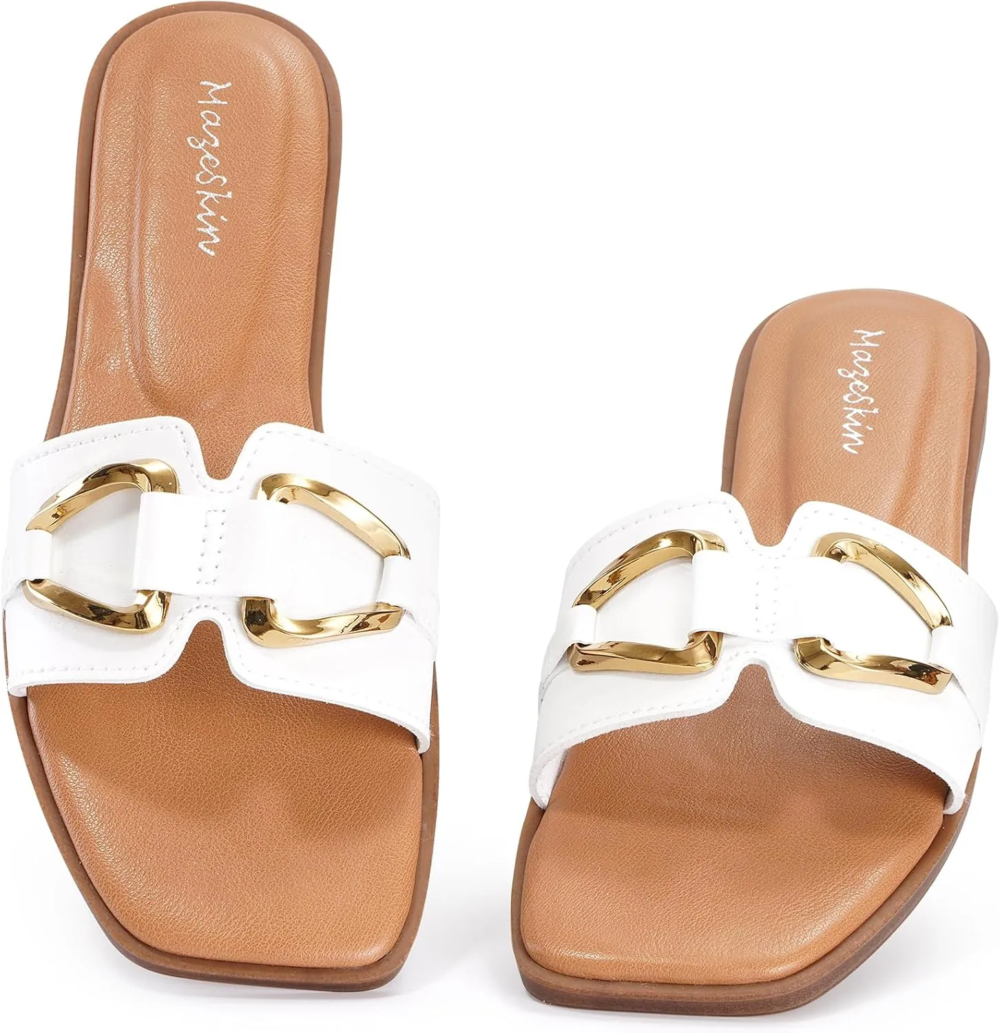 mazeskin Women's Square Open Toe Dressy Slide Sandals Cute Summer Comfortable Flat Slippers with Metal buckle