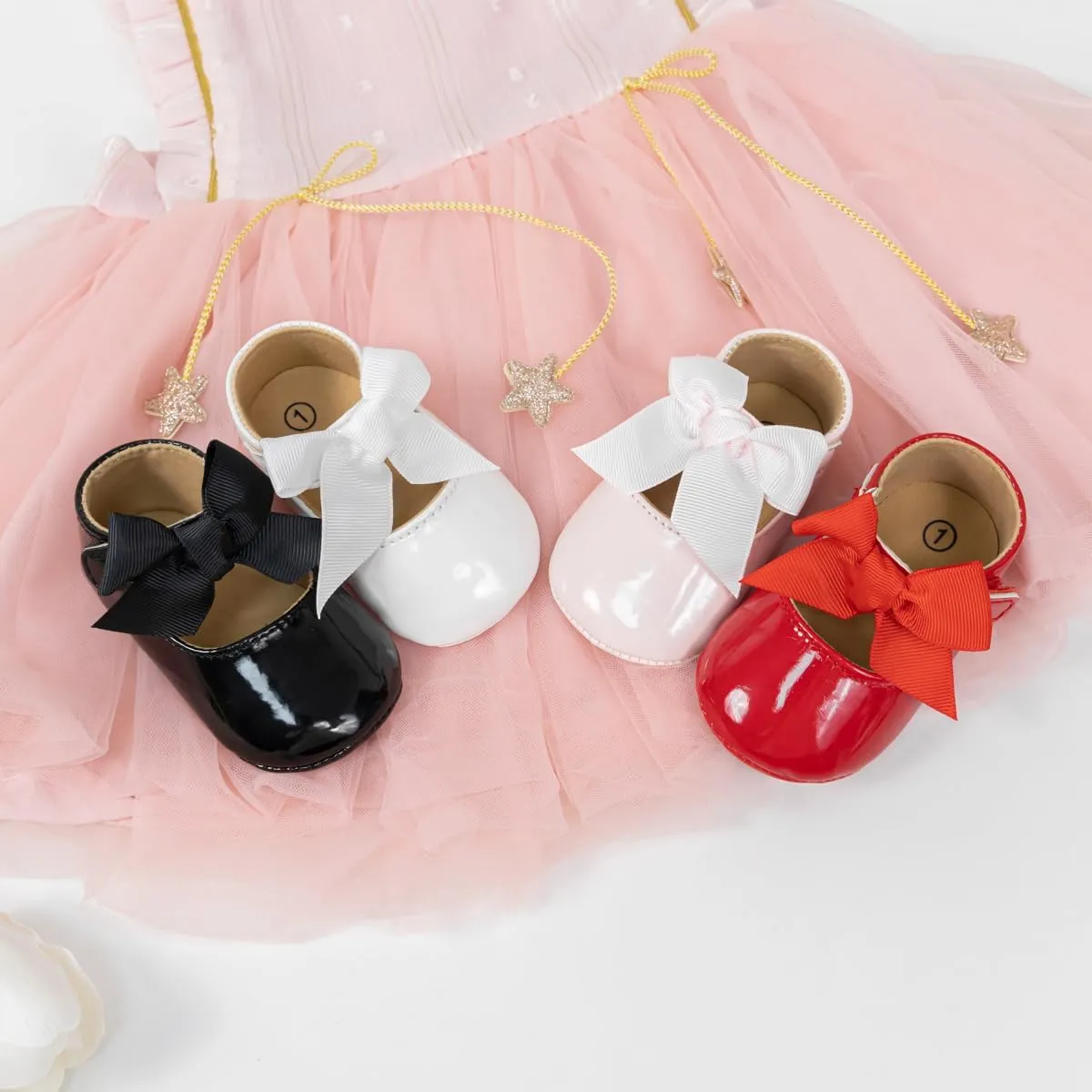 Meckior Infant Baby Girls Soft Sole Bowknot Princess Wedding Dress Mary Jane Flats Prewalker Newborn Light Baby Sneaker Shoes