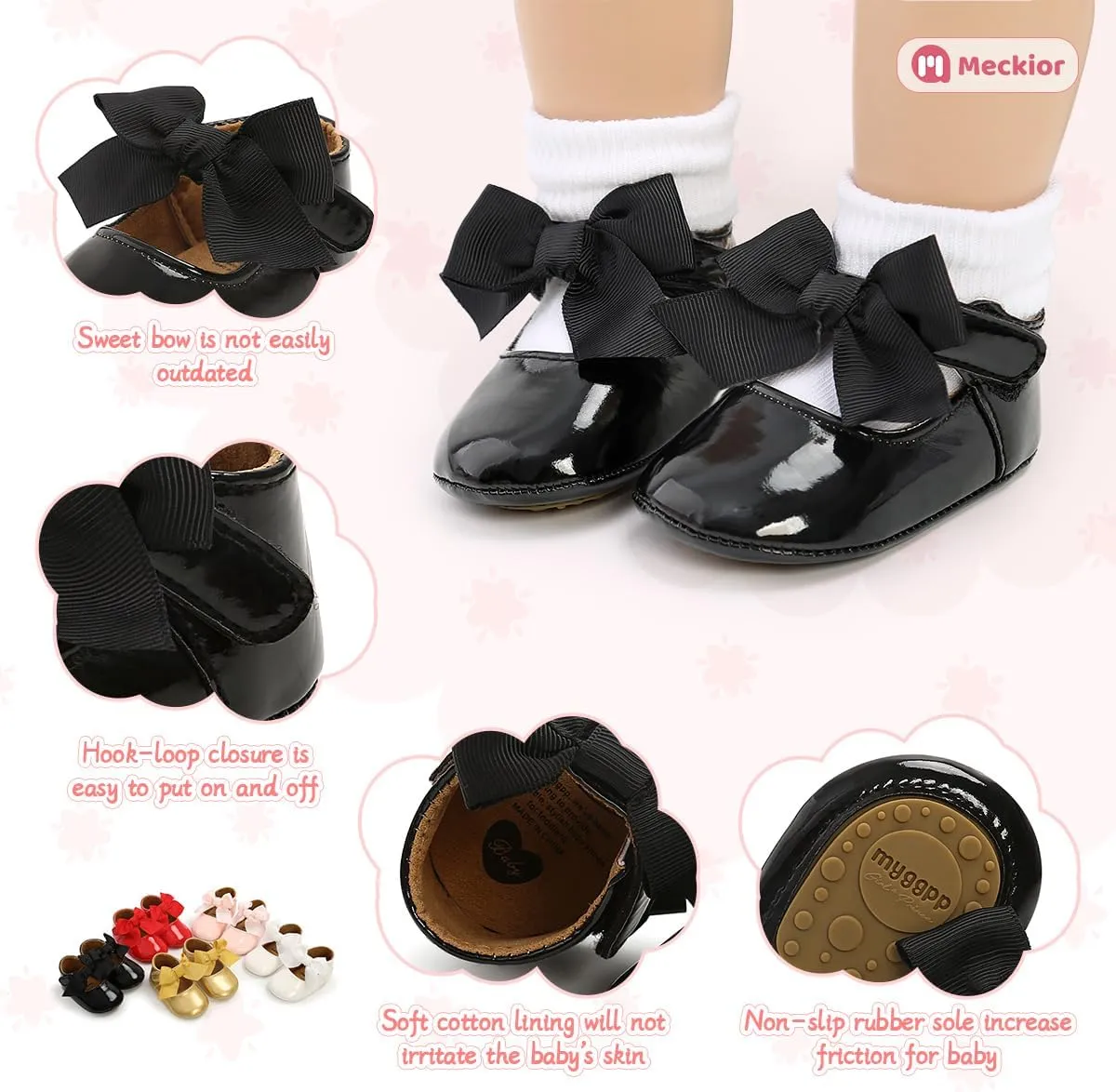 Meckior Infant Baby Girls Soft Sole Bowknot Princess Wedding Dress Mary Jane Flats Prewalker Newborn Light Baby Sneaker Shoes