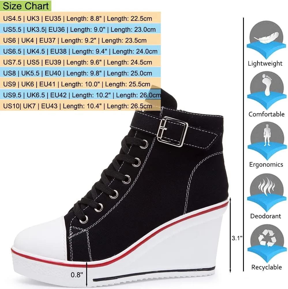 Mei MACLEOD Wedge Heel Sneaker for Women High Heel Sneaker Side Zipper/Lace Up Canvas Shoes for Ladies College Students