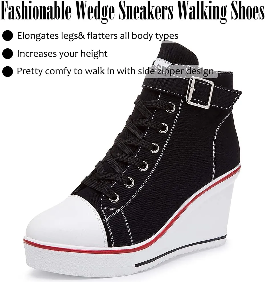 Mei MACLEOD Wedge Heel Sneaker for Women High Heel Sneaker Side Zipper/Lace Up Canvas Shoes for Ladies College Students