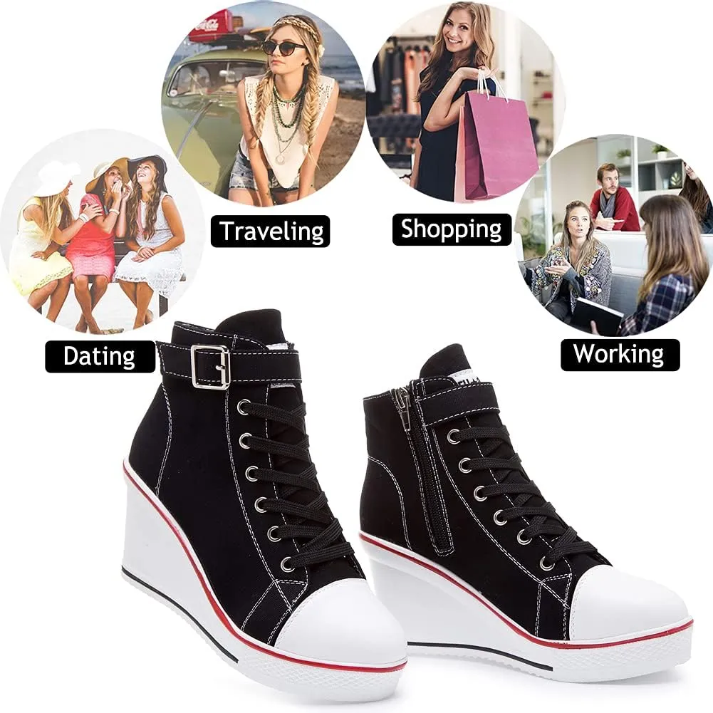 Mei MACLEOD Wedge Heel Sneaker for Women High Heel Sneaker Side Zipper/Lace Up Canvas Shoes for Ladies College Students