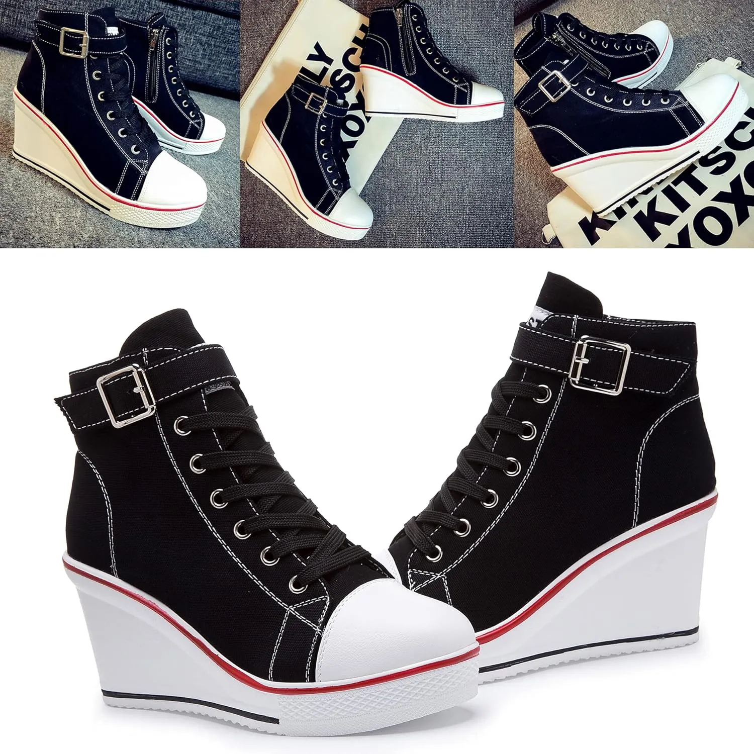 Mei MACLEOD Wedge Heel Sneaker for Women High Heel Sneaker Side Zipper/Lace Up Canvas Shoes for Ladies College Students