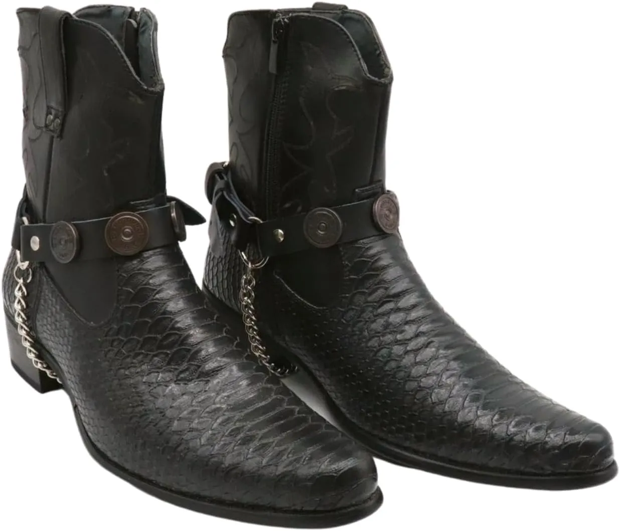 Men Boot Bracelet Black Pair 2 Straps Silver Metal Chains Shoe Shotgun Shell Charm Biker