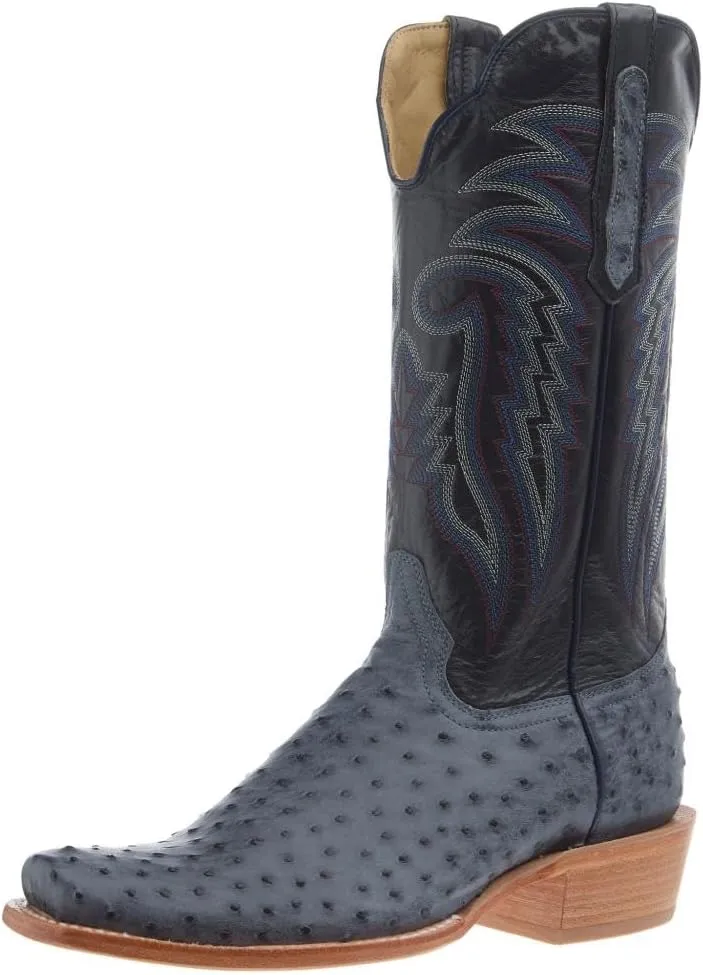 Men`s American Blue Jean Full Quill Ostrich 13In Navy Goat Top Boot