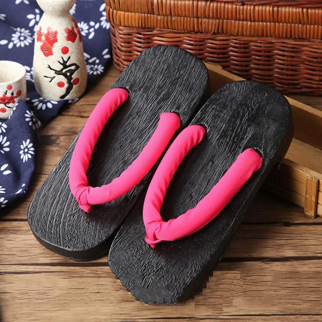 Men's and Women's Wooden Clogs Japanese Flip Flops,Flat Shoes Japanese Traditional Clogs Geta Sandals Traditional Round Headed Wooden Clogs Slippers(Size:EU 38,Color:Rrose red)