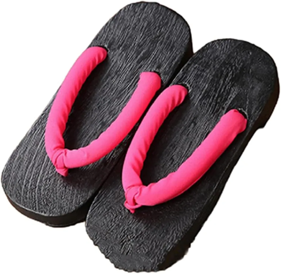 Men's and Women's Wooden Clogs Japanese Flip Flops,Flat Shoes Japanese Traditional Clogs Geta Sandals Traditional Round Headed Wooden Clogs Slippers(Size:EU 38,Color:Rrose red)