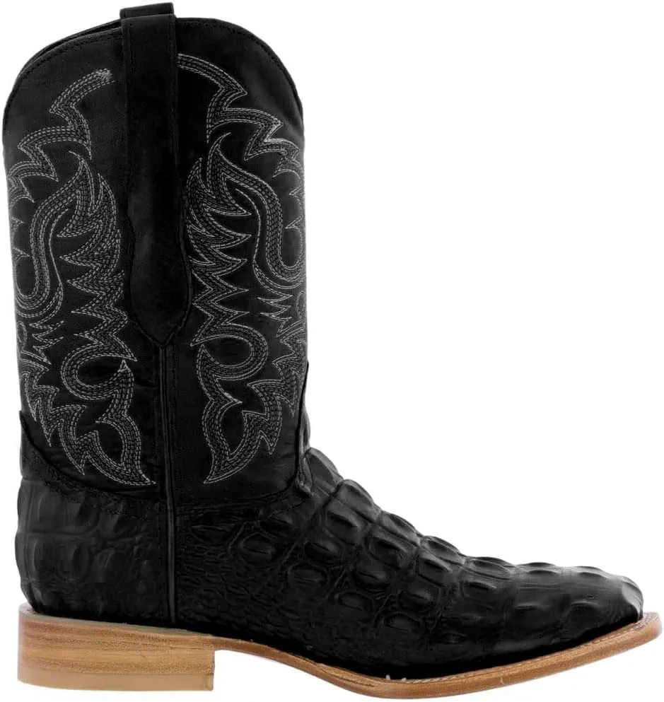 Mens Black Western Leather Cowboy Boots Crocodile Back Print Square