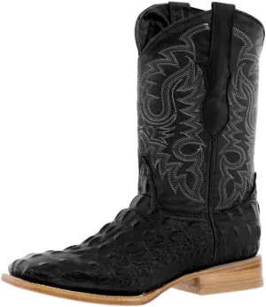 Mens Black Western Leather Cowboy Boots Crocodile Back Print Square