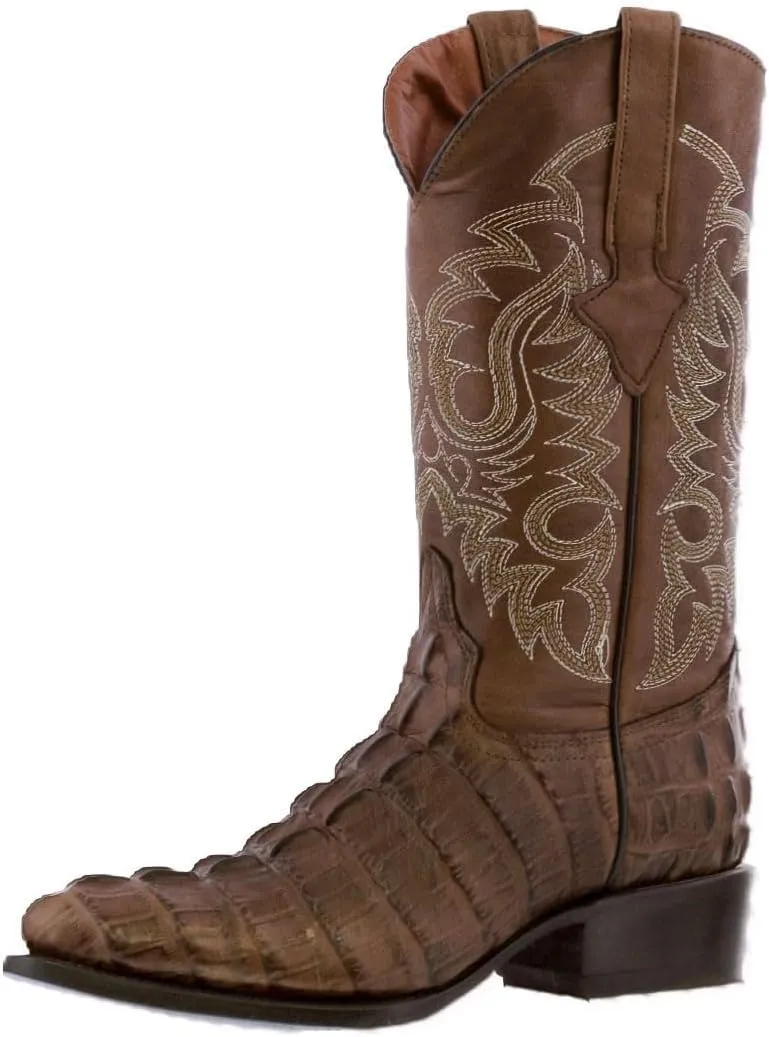 Mens Brown Western Leather Cowboy Boots Crocodile Tail Print J Toe