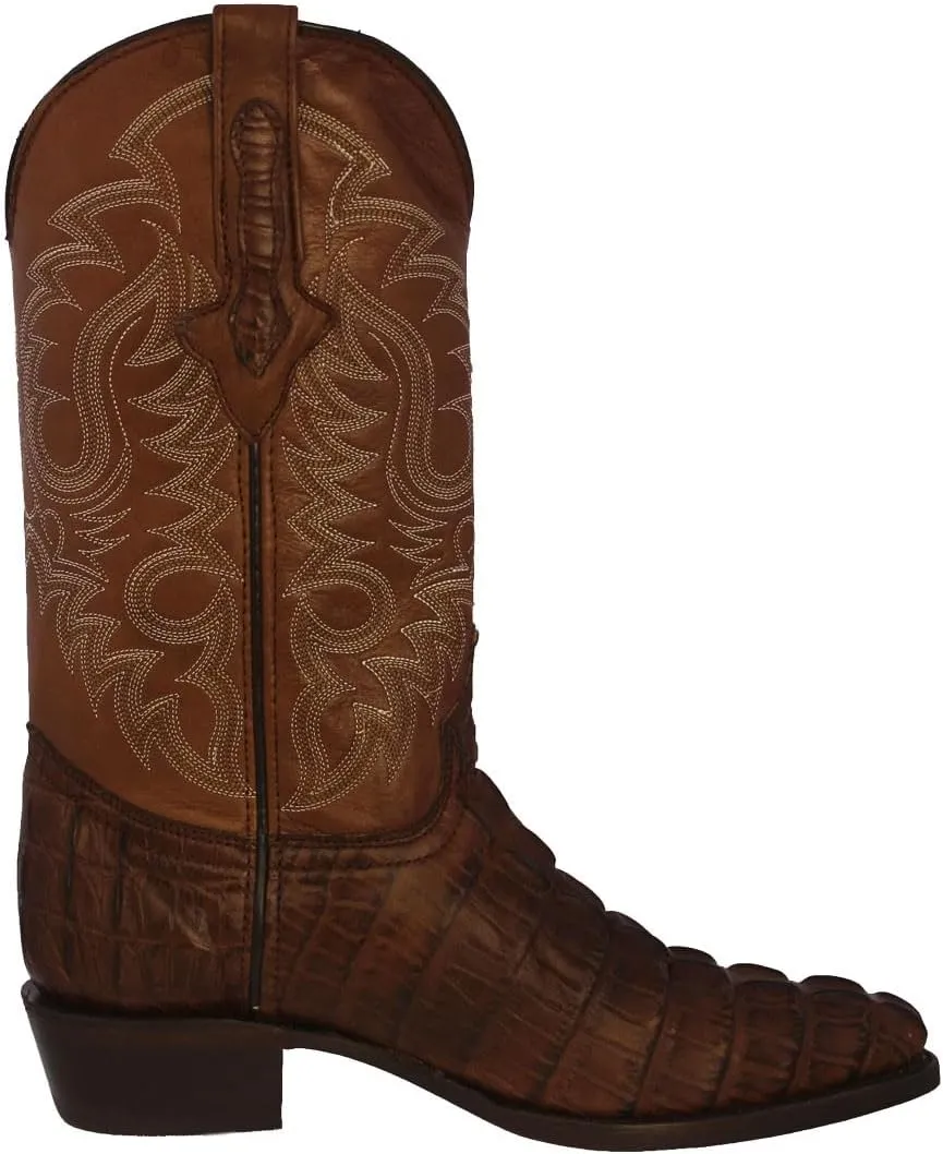 Mens Brown Western Leather Cowboy Boots Crocodile Tail Print J Toe