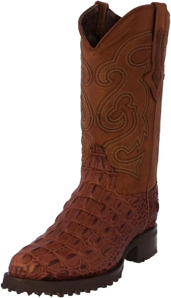 Mens Cognac Leather Motorcycle Boots Crocodile Back Cut Print Round Toe
