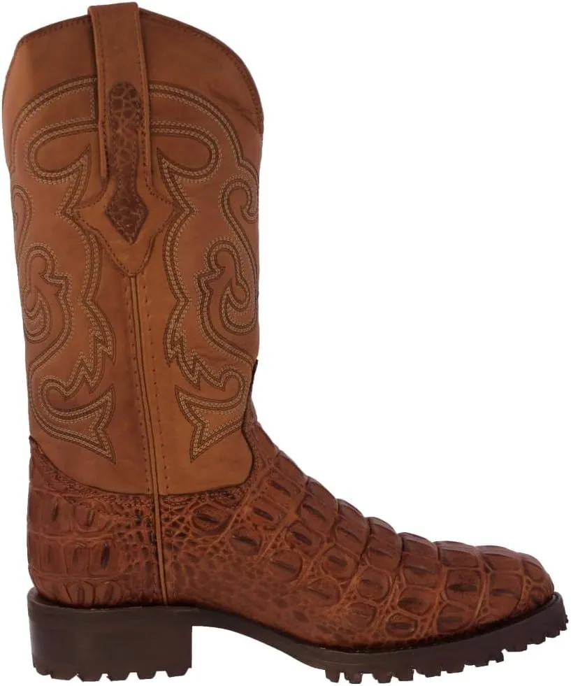 Mens Cognac Leather Motorcycle Boots Crocodile Back Cut Print Round Toe