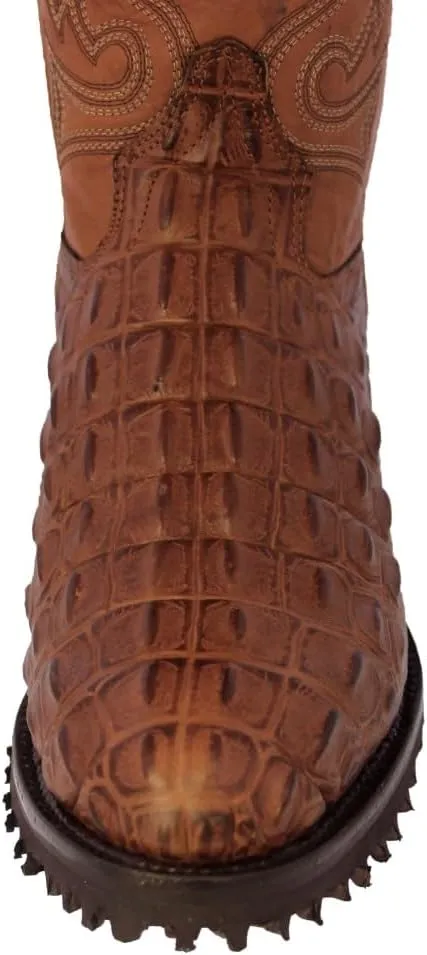 Mens Cognac Leather Motorcycle Boots Crocodile Back Cut Print Round Toe