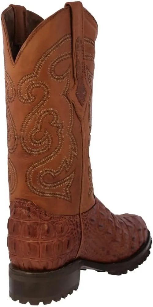 Mens Cognac Leather Motorcycle Boots Crocodile Back Cut Print Round Toe