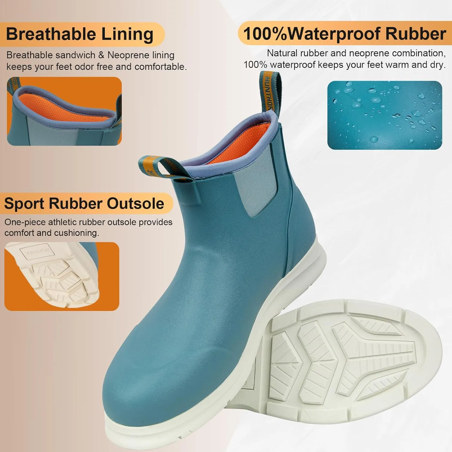 Men's Deck Boots, Lightweight Waterproof Fishing Rain Boots, Anti-Slip Rubber Shoes with Breathable 3mm Neoprene Lining Fishing, Boating, Size 7-14