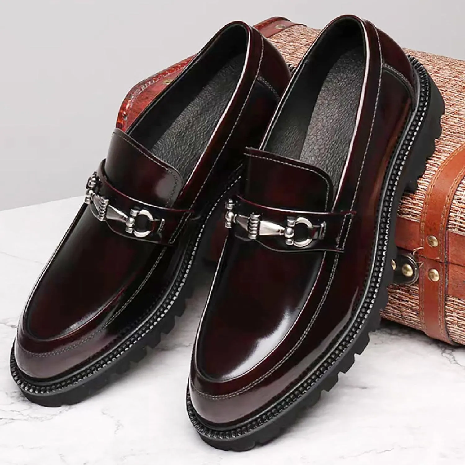 Men's Flat Loafers,Platform Loafers,Burgundy Loafers