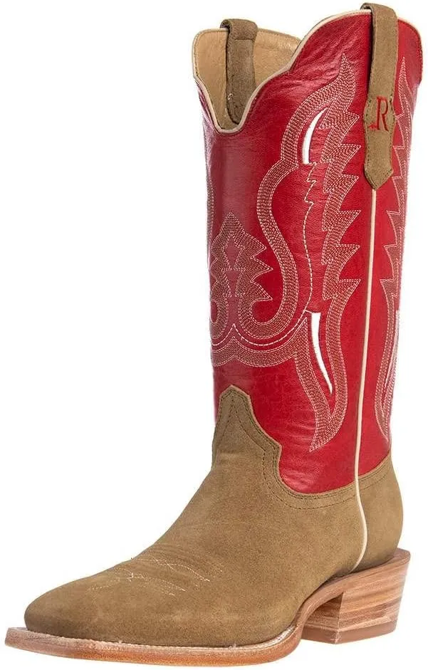 Mens R Watson Sand Roughout 13 Cherry Red Cowhide Top Square Toe Cowboy Boots