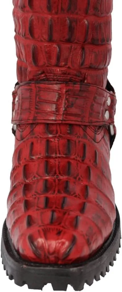 Mens Red Leather Motorcycle Boots Crocodile Tail Print Square Toe