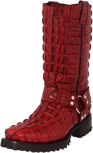 Mens Red Leather Motorcycle Boots Crocodile Tail Print Square Toe
