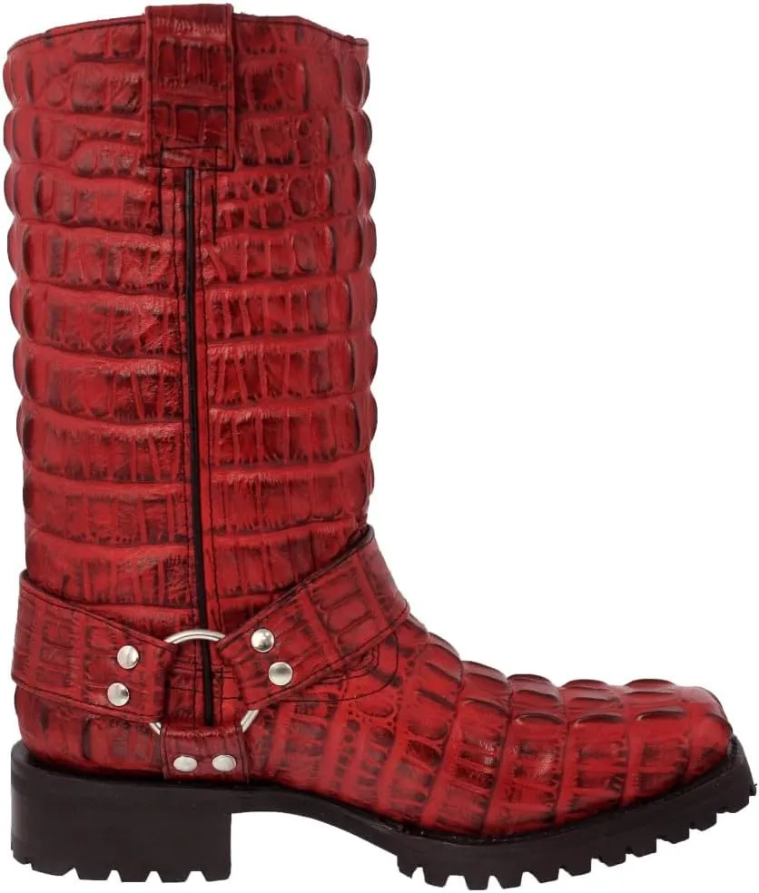 Mens Red Leather Motorcycle Boots Crocodile Tail Print Square Toe