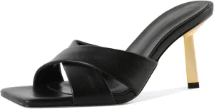 Mettesally Women Slippers Heeled Sandals Square Open Toe Stiletto Heels Fashion Mule Slide Sandals 3.4 Inches