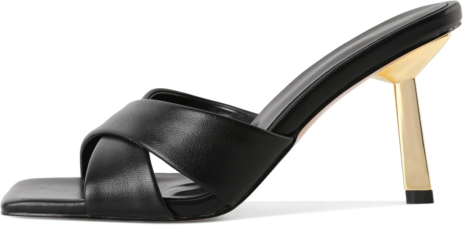Mettesally Women Slippers Heeled Sandals Square Open Toe Stiletto Heels Fashion Mule Slide Sandals 3.4 Inches