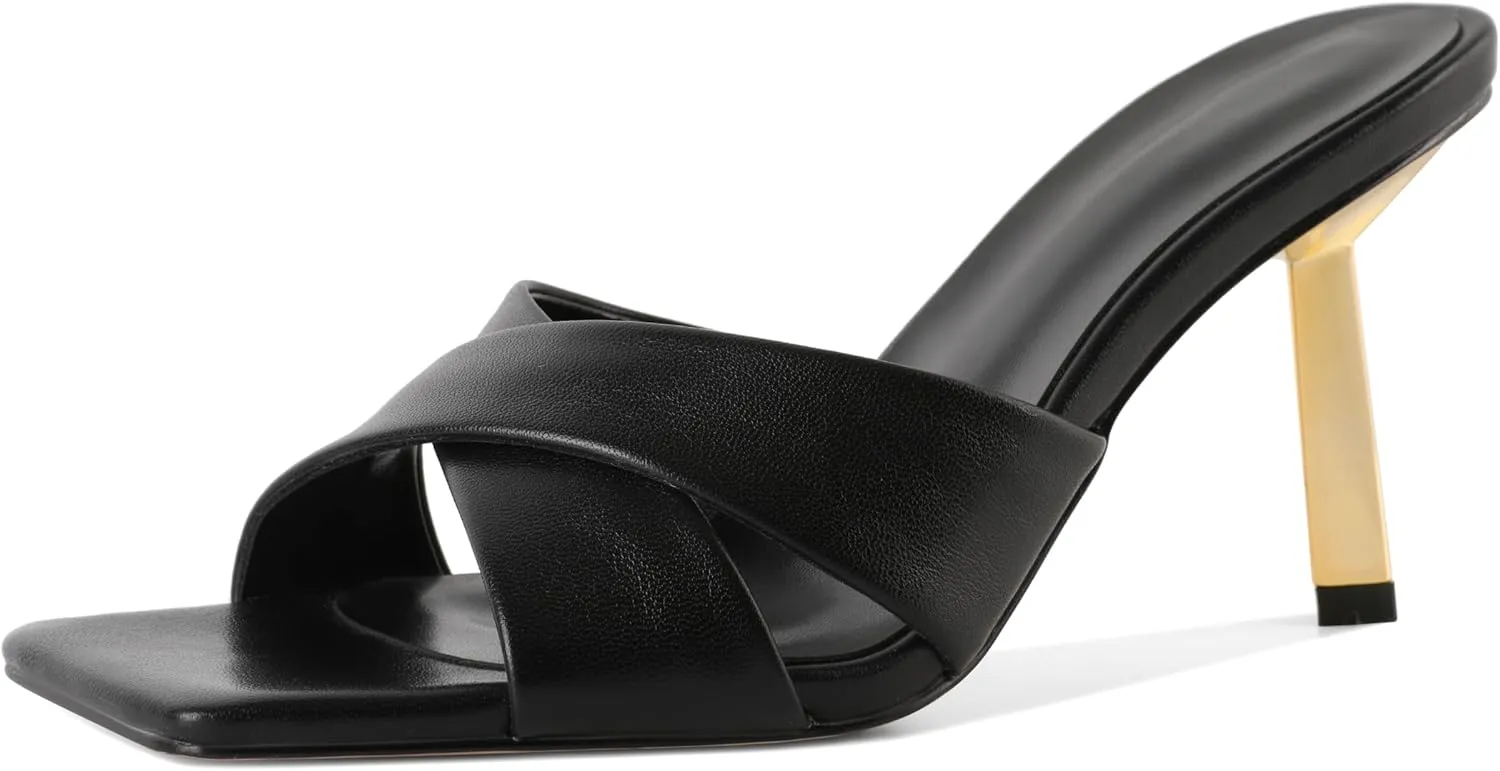 Mettesally Women Slippers Heeled Sandals Square Open Toe Stiletto Heels Fashion Mule Slide Sandals 3.4 Inches