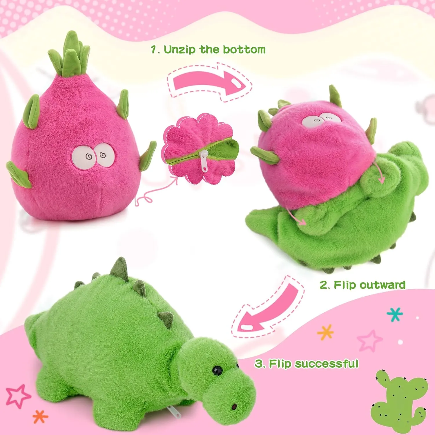 MIAODAM Reversible Dragon Fruit Dinosaur Plush Toys, Zip Flip Stuffed Animals, Cute Dinosaur Plushie in A Dragon Fruit, for Baby, Boys & Girls (30cm/11.8in)