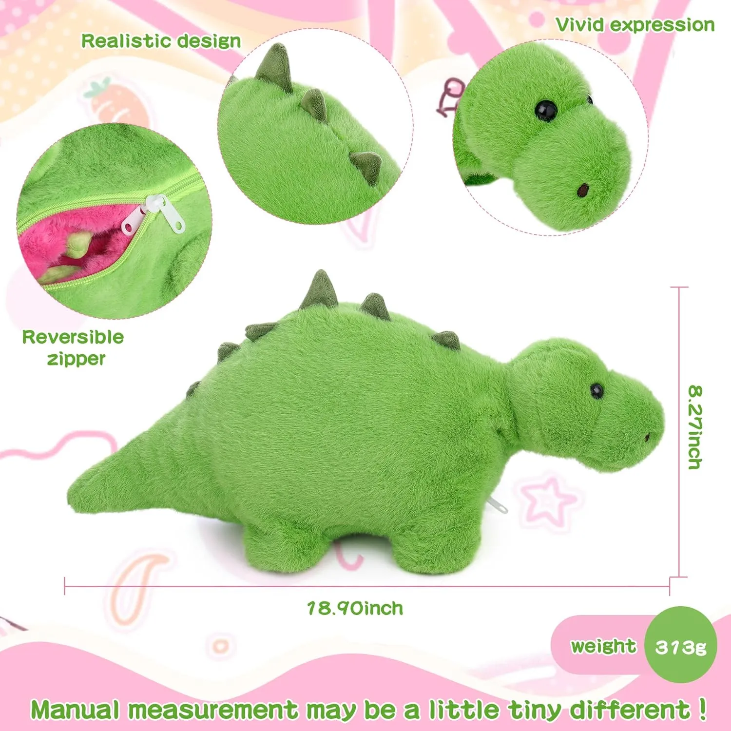 MIAODAM Reversible Dragon Fruit Dinosaur Plush Toys, Zip Flip Stuffed Animals, Cute Dinosaur Plushie in A Dragon Fruit, for Baby, Boys & Girls (30cm/11.8in)
