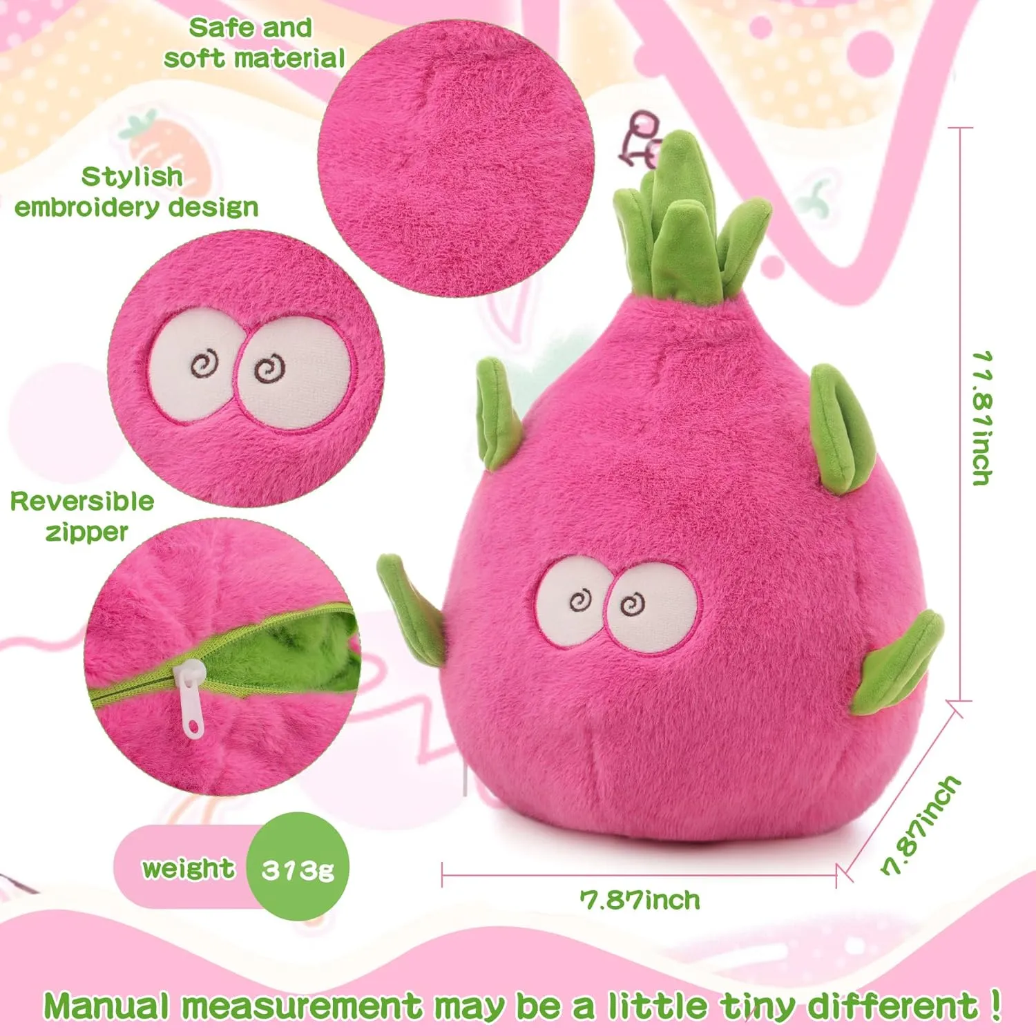 MIAODAM Reversible Dragon Fruit Dinosaur Plush Toys, Zip Flip Stuffed Animals, Cute Dinosaur Plushie in A Dragon Fruit, for Baby, Boys & Girls (30cm/11.8in)