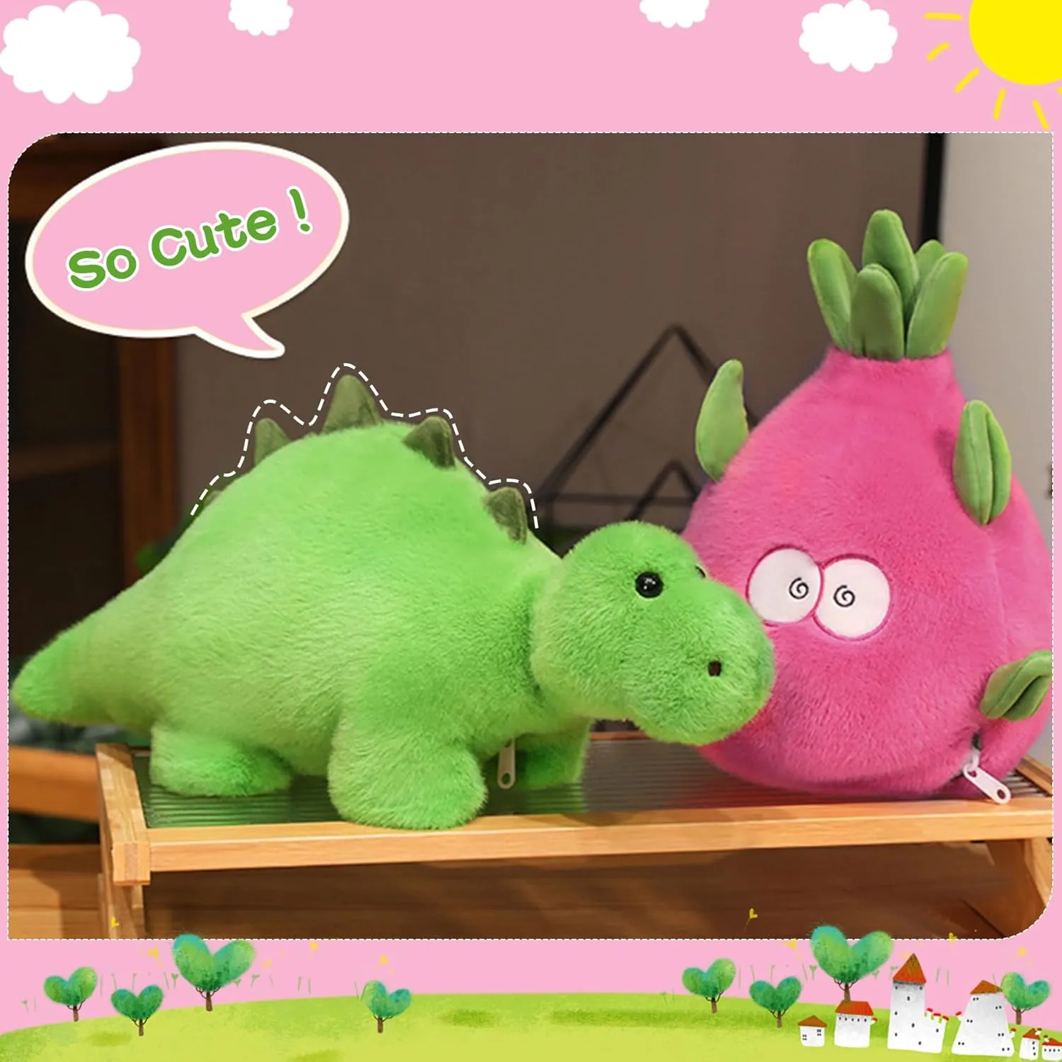 MIAODAM Reversible Dragon Fruit Dinosaur Plush Toys, Zip Flip Stuffed Animals, Cute Dinosaur Plushie in A Dragon Fruit, for Baby, Boys & Girls (30cm/11.8in)