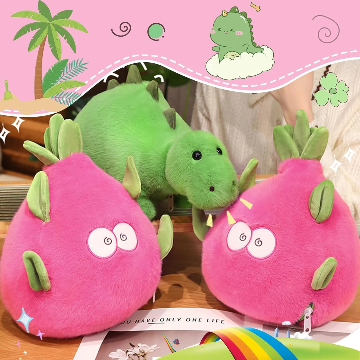 MIAODAM Reversible Dragon Fruit Dinosaur Plush Toys, Zip Flip Stuffed Animals, Cute Dinosaur Plushie in A Dragon Fruit, for Baby, Boys & Girls (30cm/11.8in)