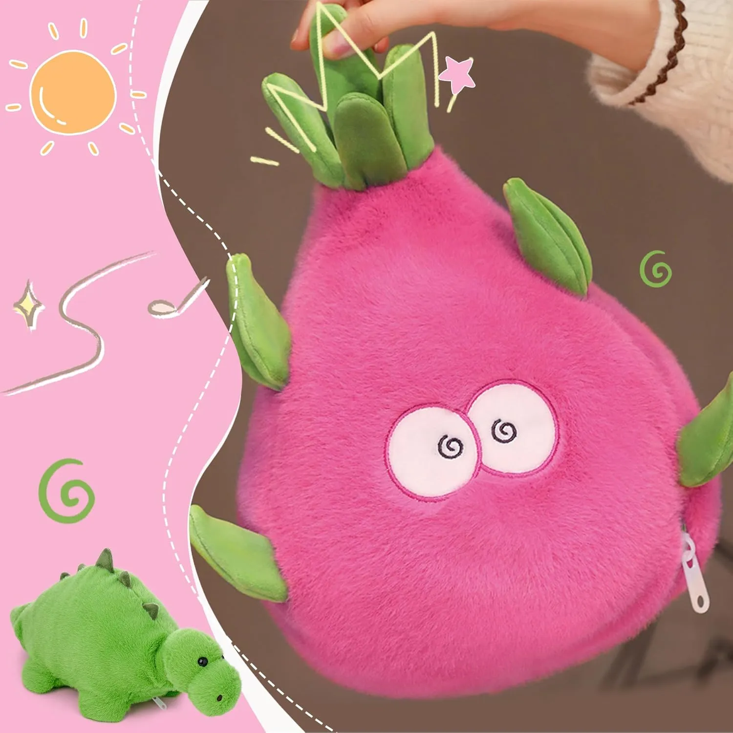 MIAODAM Reversible Dragon Fruit Dinosaur Plush Toys, Zip Flip Stuffed Animals, Cute Dinosaur Plushie in A Dragon Fruit, for Baby, Boys & Girls (30cm/11.8in)