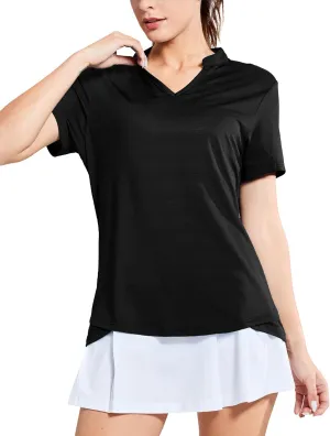 MIER Women's Golf Polo Shirts Collarless Short Sleeve Tennis Running T-Shirts V-Neck Cooling Summer Tee