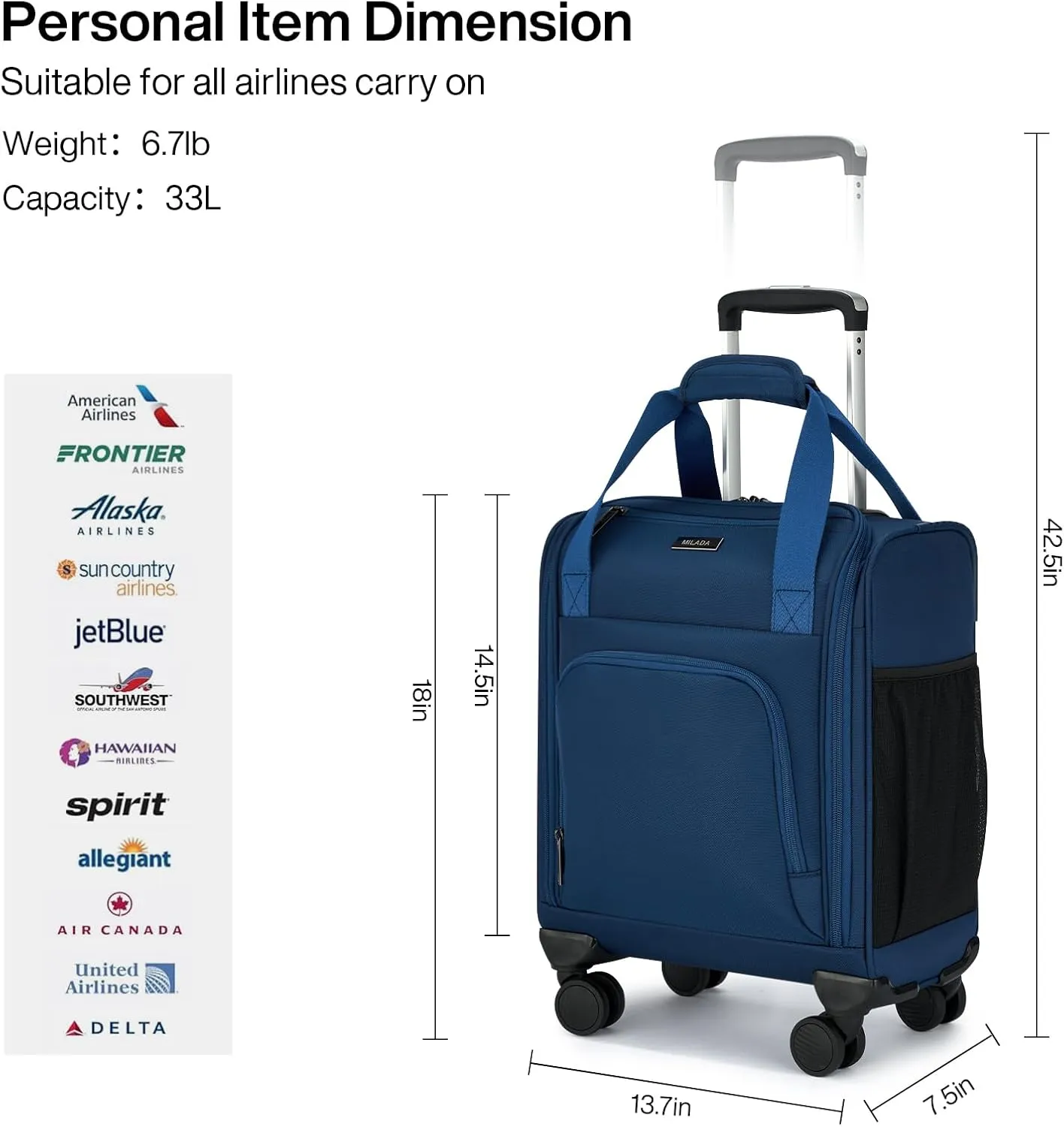 MILADA Carry On Luggage Airline Approved 16 Inch Underseat Small Suitcases with Wheels Softside Travel Luggage Carry On Mini Suitcase for Men Women Short Business and Travel, Blue