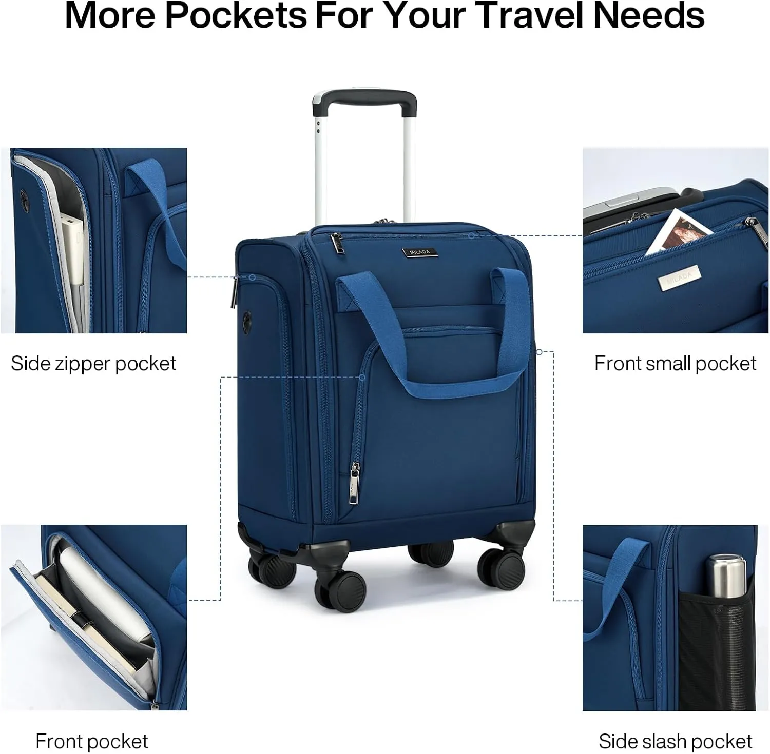 MILADA Carry On Luggage Airline Approved 16 Inch Underseat Small Suitcases with Wheels Softside Travel Luggage Carry On Mini Suitcase for Men Women Short Business and Travel, Blue