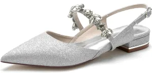 Minishion Ladies Heel Flats for Wedding Mary Jane Slingback Evening Mule Shoes with Rhinestones BR202